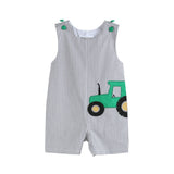 Lil Cactus-Gray Gingham Green Tractor Applique Shortalls