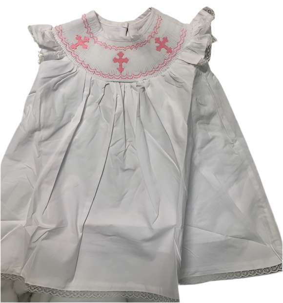 LIL CACTUS White and Pink Crosses Smoked Bishop Dress