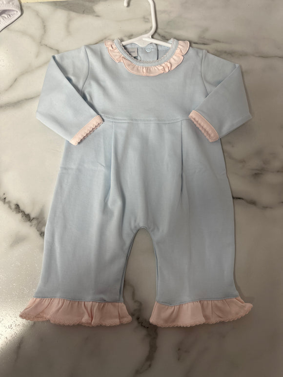 Squiggles blue coverall w/pink ruffle collar