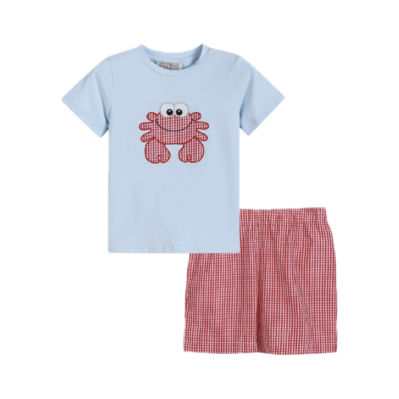 Lil Cactus-Blue Crab Shirt with Red Gingham Short Set