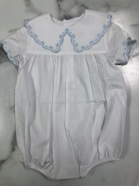Love me White Peter Pan Scallops Collar Bubble with Blue Trim