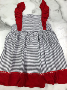 Squiggles- Dress with Ruffles-Navy Stripe/Red