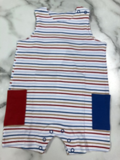 Squiggles-Boy  Stripe Sunsuit with Red/Blue Pockets