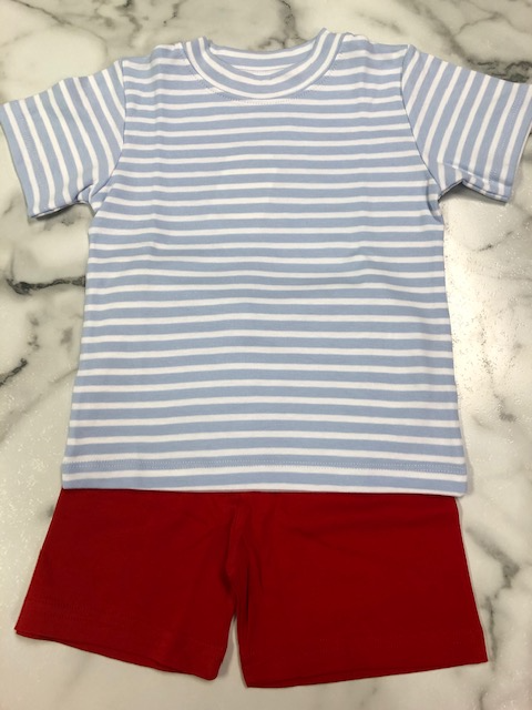 Squiggles- Boy Two Piece Short Set Lt. Blue Stripe/Red Shorts