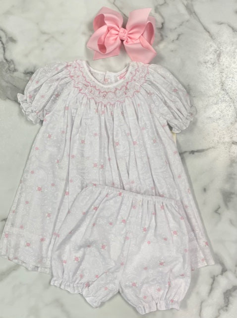 Petit Ami- Girl Dress with Pink Flowers and Smocking and Bloomers