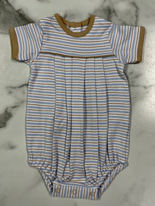 Squiggles-Boy Pleated Romper-Grey Stripe with Maroon Trim