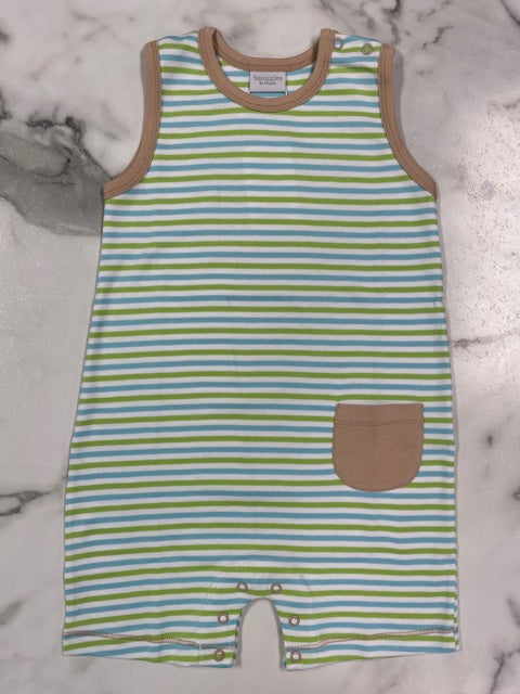 Squiggles -Boy Lime and Blue Stripe Romper with Tan Trim and Pocket