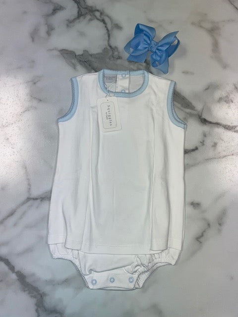 Squiggles-Girl Dressy Romper-White Base with Lt Blue Front