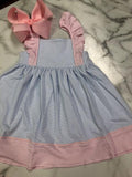 Squiggles- Dress with Ruffles-Blue Stripe/Pink