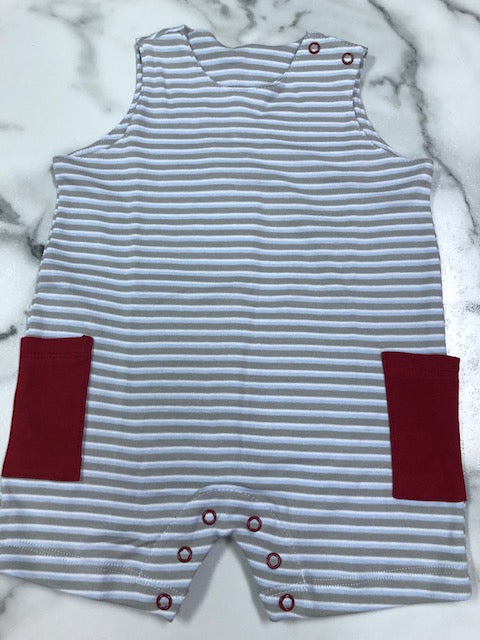 Squiggles-Boy Stripe Sunsuit with Maroon Pockets