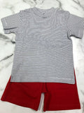 Squiggles- Boy Two Piece Short Set Navy Stripe/Red Shorts