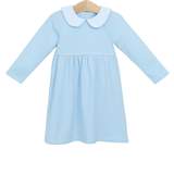 Trotter Street Kids-Claire Long Sleeve  Dress Lt. Blue Stripe with Name or Monogram