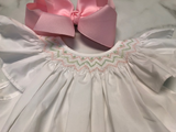 Baby Blessings-White Dress with Flutter Sleeves and Pink and Mint Smocking