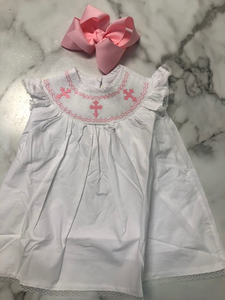 LIL CACTUS White and Pink Crosses Smoked Bishop Dress