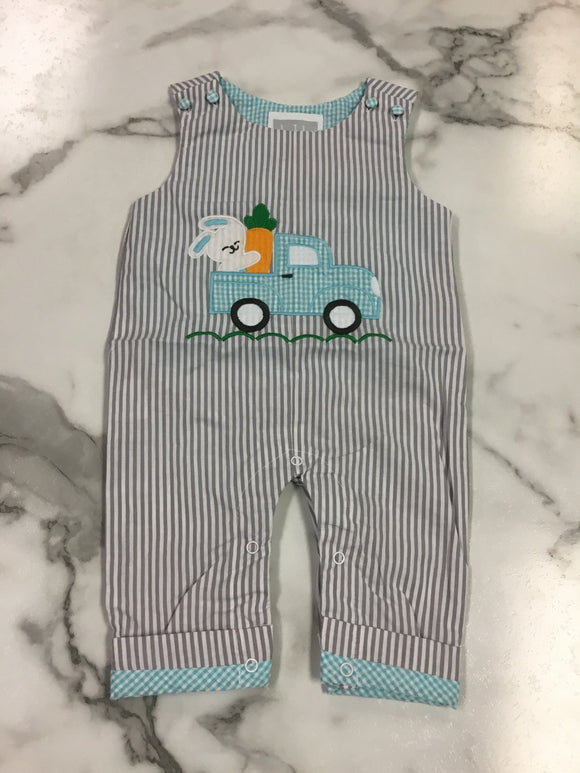 Lil Cactus-Gray Striped Easter Bunny Truck Applique Overalls