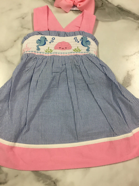 Lil Cactus Blue and Pink Ocean Smocked Sundress
