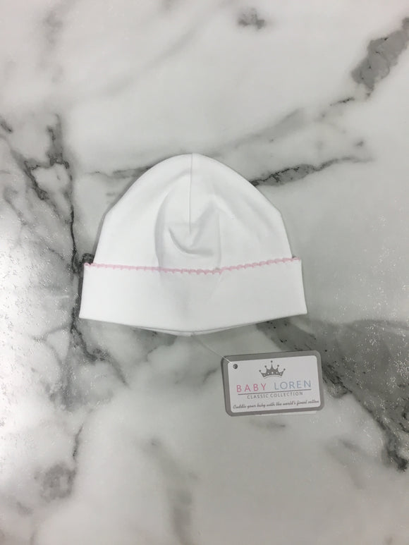 Baby Loren-White Pima Cotton Beanie with PInk Trim