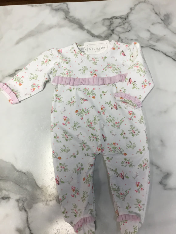 Squiggles Footie Coverall with Ruffle Yoke Floral Print