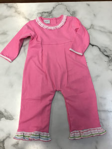 Squiggles Girl Pink Coverall with Round Neck Ruffle Trim