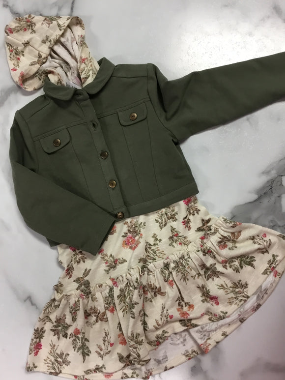 Bonnie Jean Fall Print Hooded Dress with Green Jacket