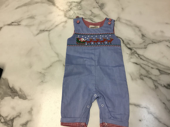 Lil Cactus-Light Blue Smocked Santa and Sleigh Overalls