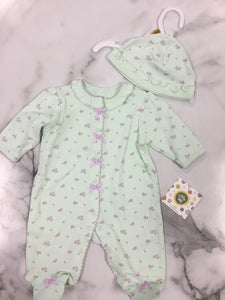 Little Me Light Green and Petite Purple Roses Footie Pajamas with Hat