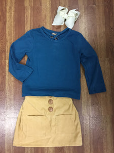Emma Jean-Girl-Corduroy Skirt Set-Mustard/Teal
