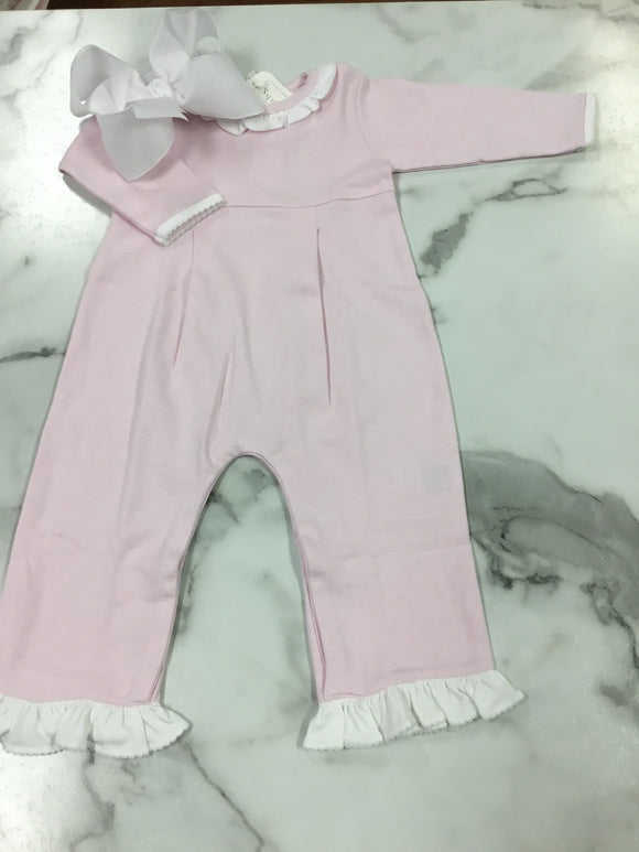 Squiggles Pink/White stripe coverall w/ round ruffle neck