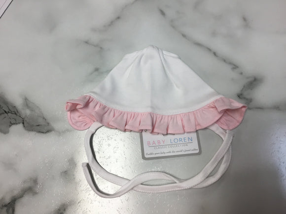 BabyLoren-White with Pink Ruffles Pima Bonnet