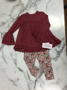 Bonnie Jean 2 pieces Burgandy Top with Floral Leggings